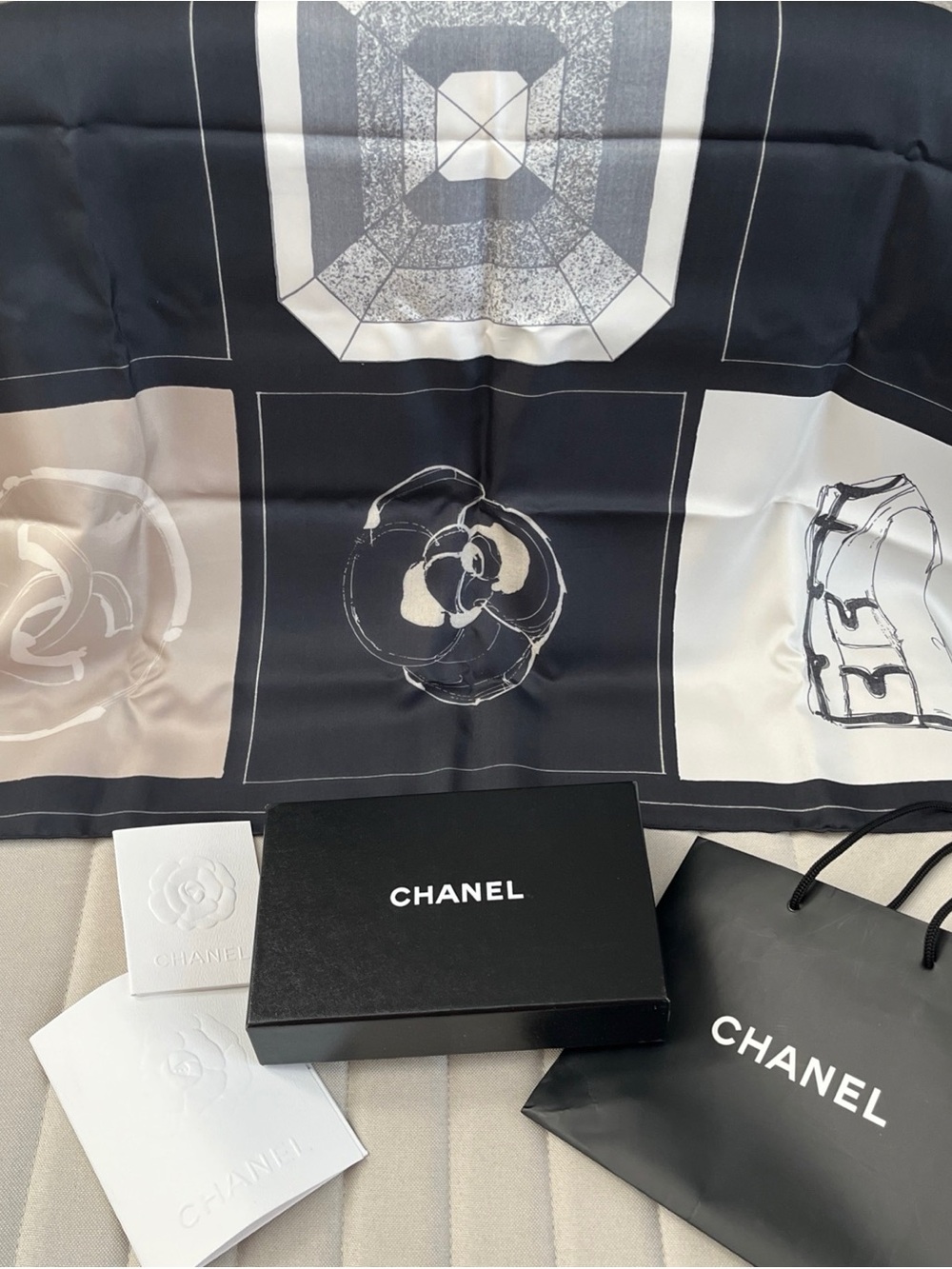 CHANEL icon motifs silk scarf with original packaging tags